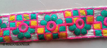 Gold Mirrored Fabric Trim With Green, Yellow And Pink Floral And Square Embroidery, Approx. 32mm Wide - 200317L198
